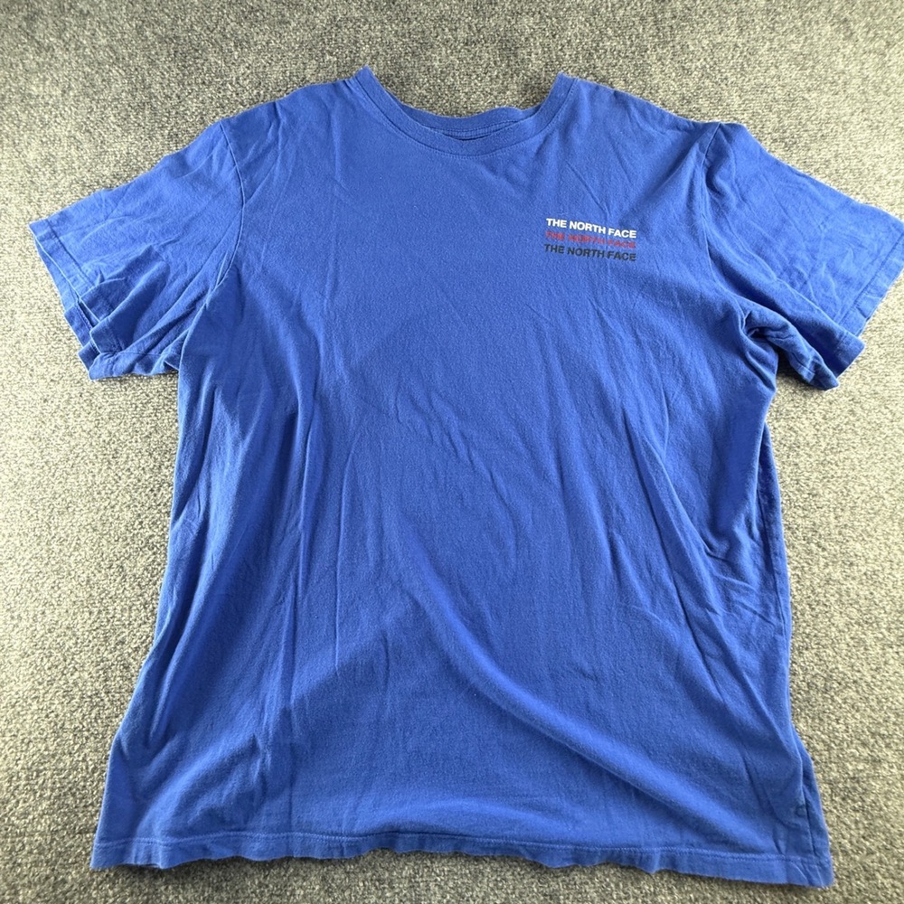The North Face Mens XL Blue Graphic T-Shirt Triple Stacked Logo Short Sleeve Tee